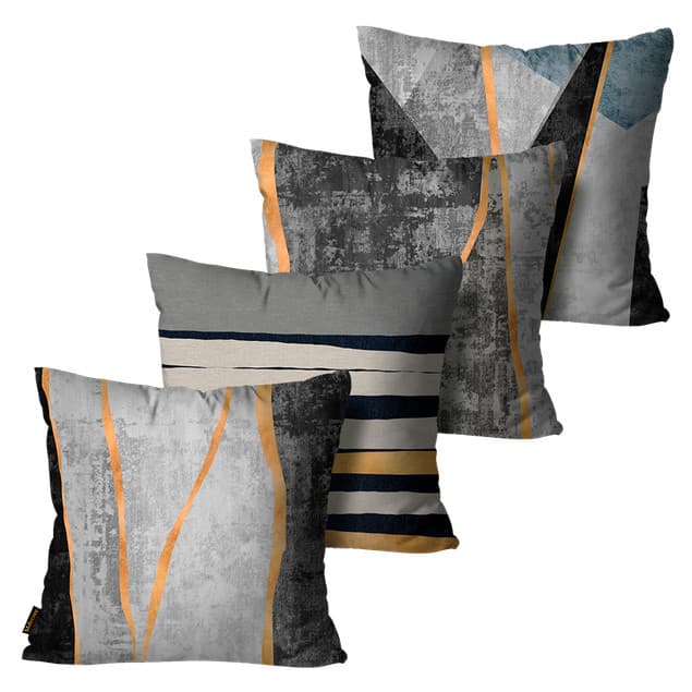 Kit com 4 Capas de Almofadas Decorativas Abstrata Preto e Cinza 45x45