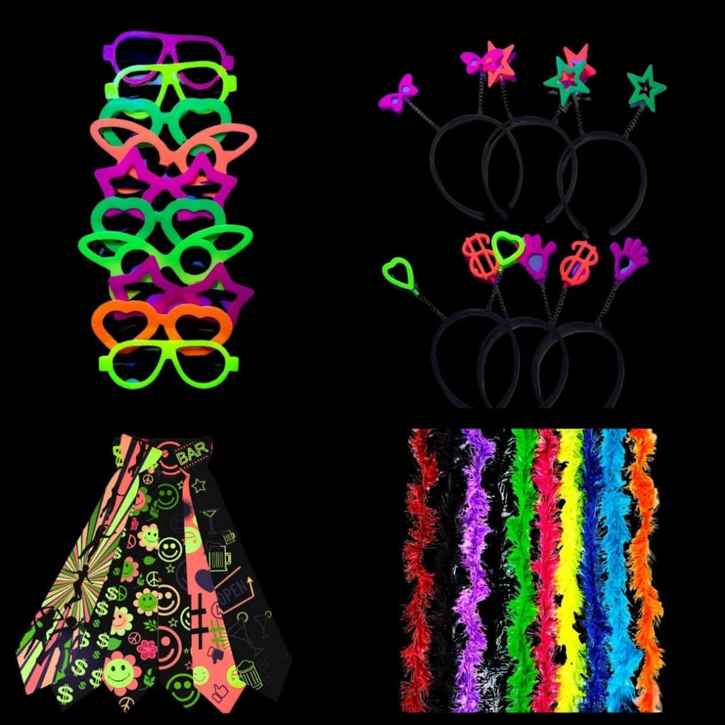 Kit Balada Festa Neon Casamento 40 peças 10 Óculos, 10 Gravatas, 10 Marabus, 10 Tiaras - Adereços