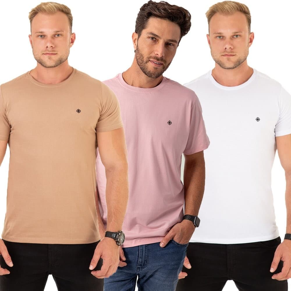 Kit 3 Camisetas Masculino Básica Casual Premium Algodão Costura Reforçada CAQUI/ROSA/BRANCO