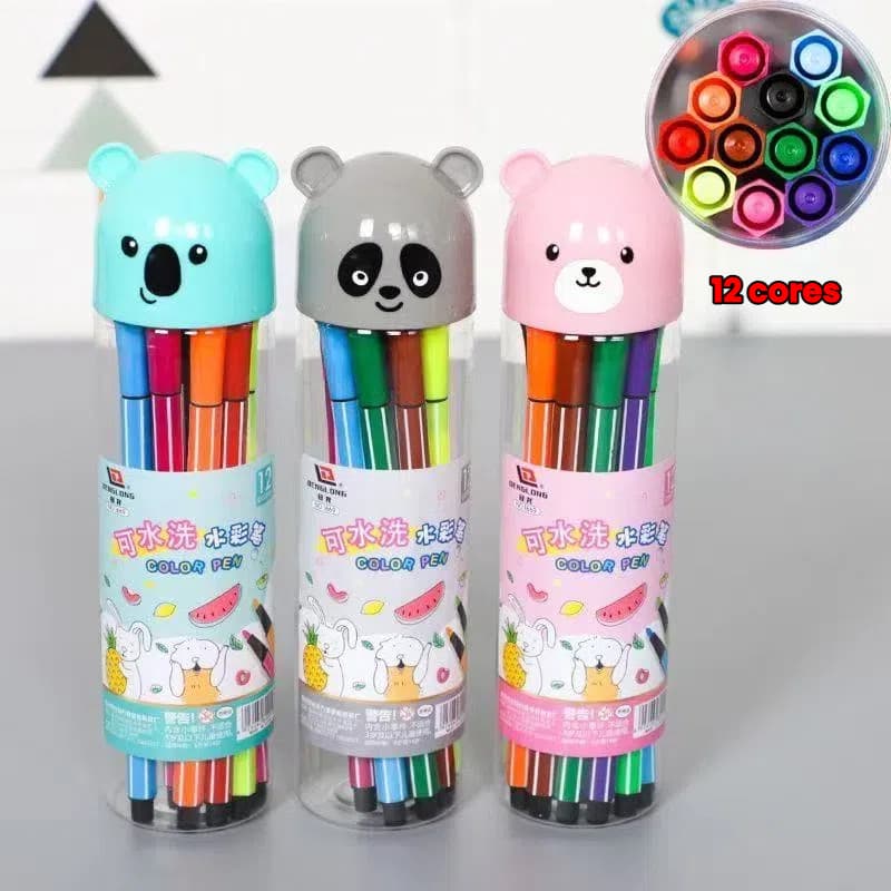Caneta de Desenho 12 Cores Lavável Estojo Infantil Educativo Criativo