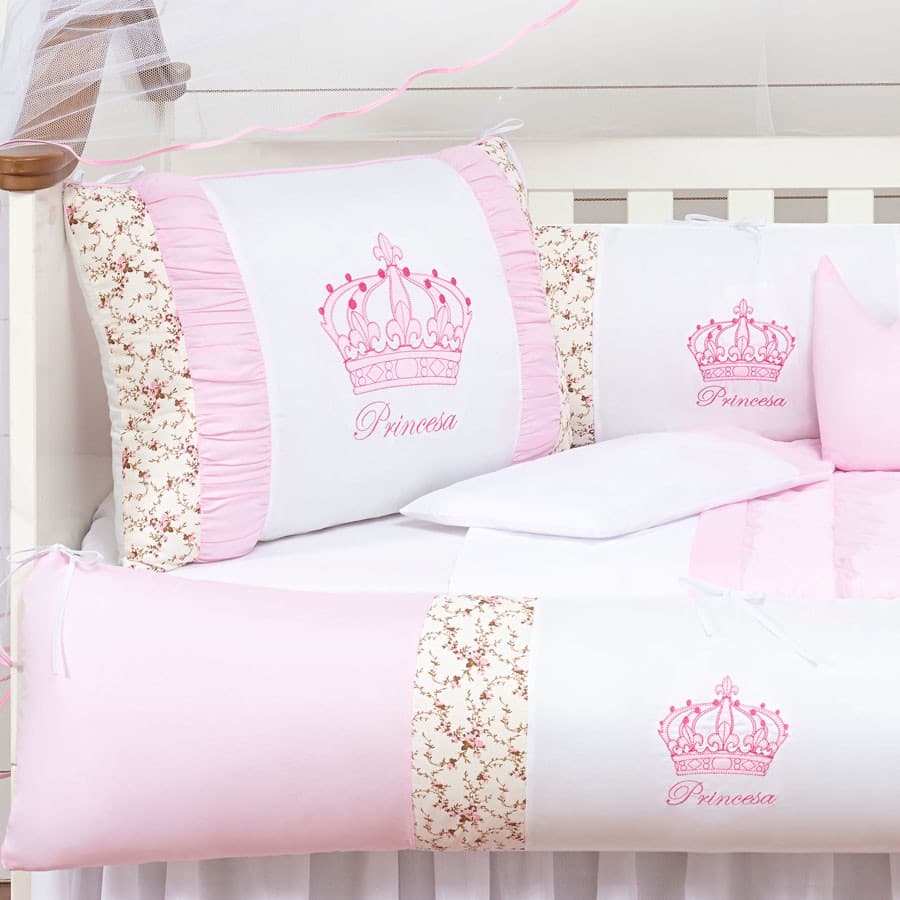 Kit Berço Coroa 2 Lat 11 Pcs Menina Menino Rosa Azul Floral Bebê Protetor Americano Mosquiteiro