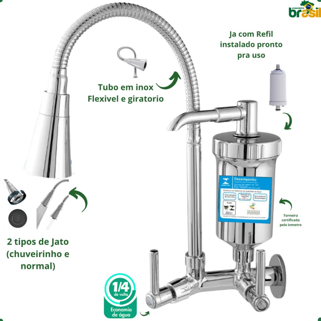 Torneira com Filtro para Cozinha Inox Gourmet Cromada Refil Carvão Ativado dois jatos parede