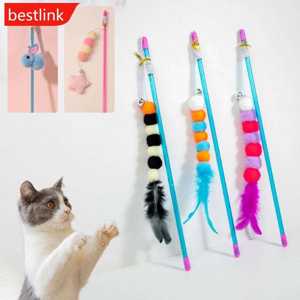 BESTLINK Engraçado Pena Gato Varinha De Pelúcia Com Sino Pet Brinquedos De Penas Interativos Brinquedo De Vara De Para G
