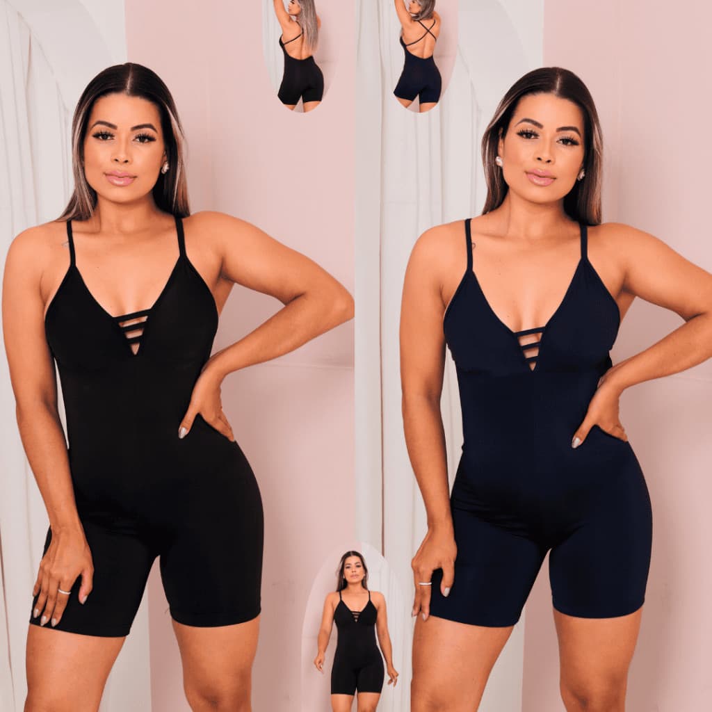 Kit 02 Macacão Fitness Ou so um produto Preto/Azul Reforçado Decote Peito Moda Academia Yoga Treino Levanta Bumbum