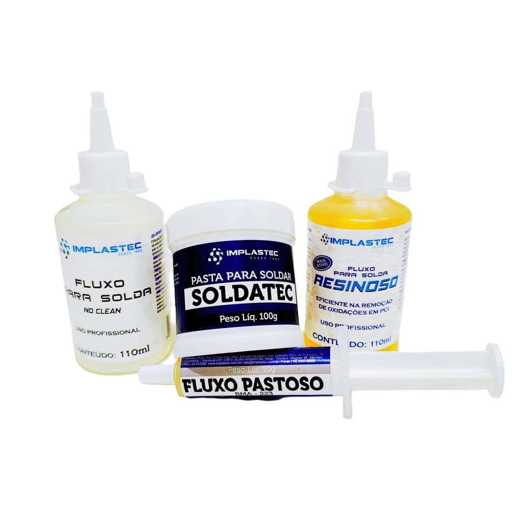Kit solda Fluxo No Clean 110ml + Fluxo  Resinoso Liquido 110Ml + Pasta para soldar Soldatec 100g + Fluxo Pastoso RMA 223