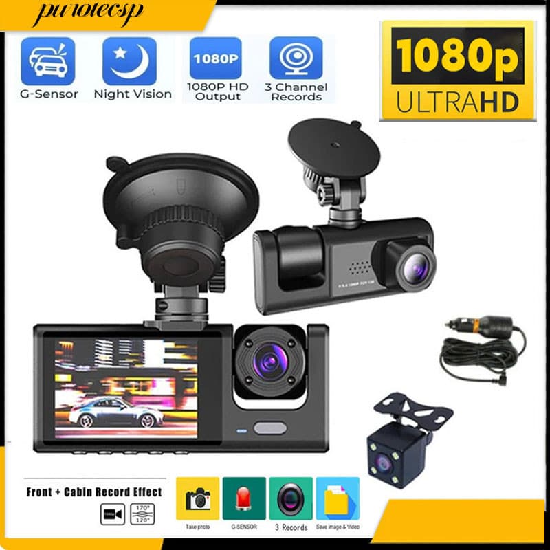 1080P Câmera De Segurança 3 Lentes Câmera De Painel Gravação De Vídeo DVR Para Carro Gravação Frontal Traseira E Interna