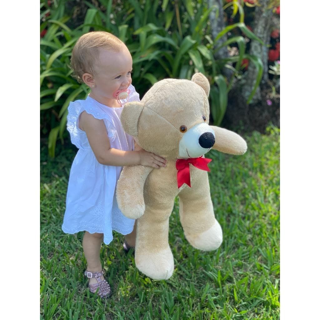 Urso De Pelúcia Teddy  Fofinho Grande Com Laço 50cm - Doce De Leite