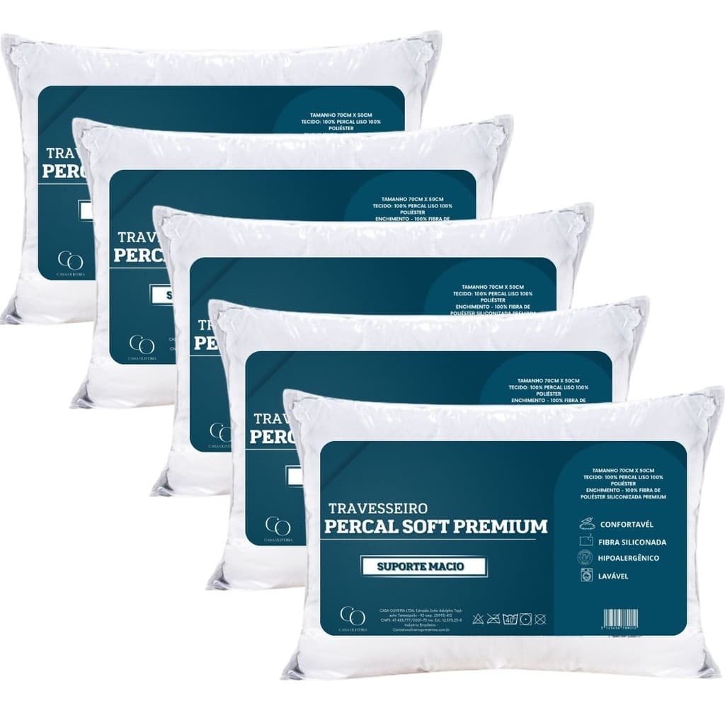 Kit 6 Travesseiros Percal Soft Premium 70x50cm Antialérgico Lavável Padrão Hotel Extra Macio Alto