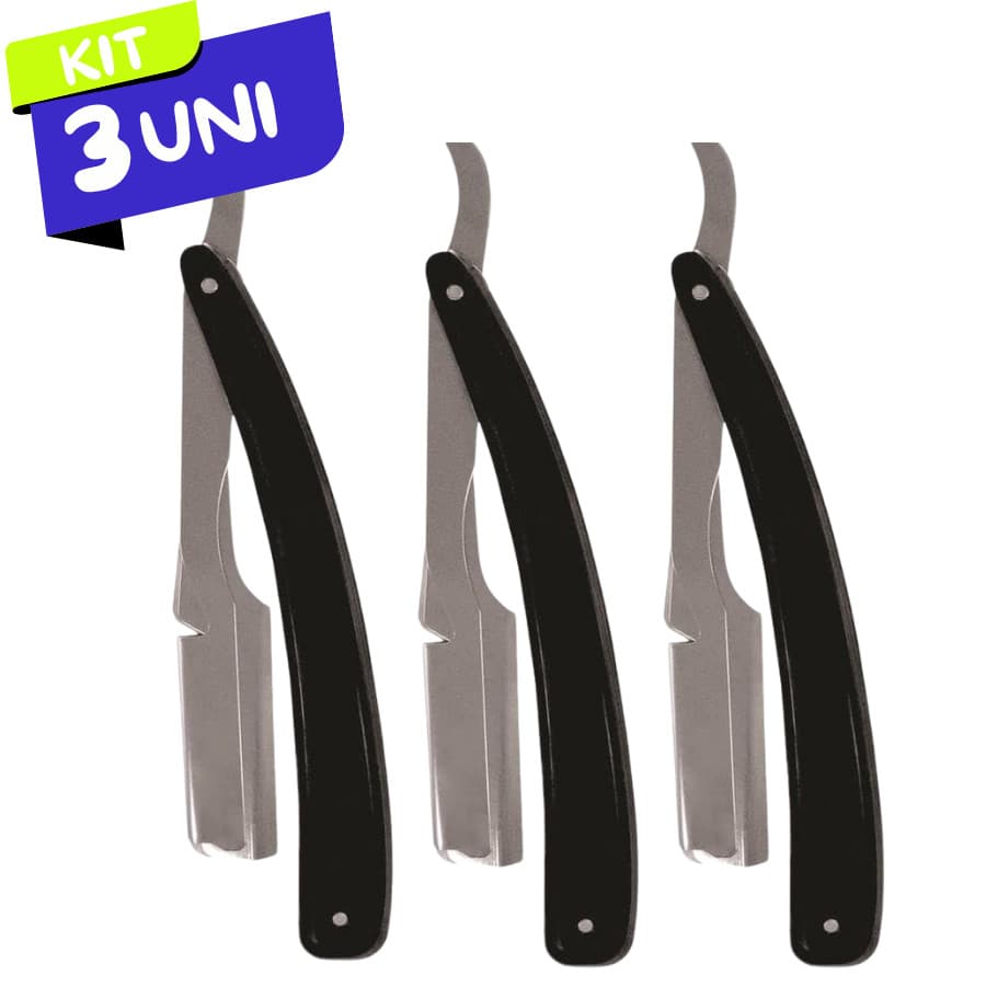 3 Navalha Navalhete Profissional Barbeiro Inox Cabo de Plastico Acabamento Barba