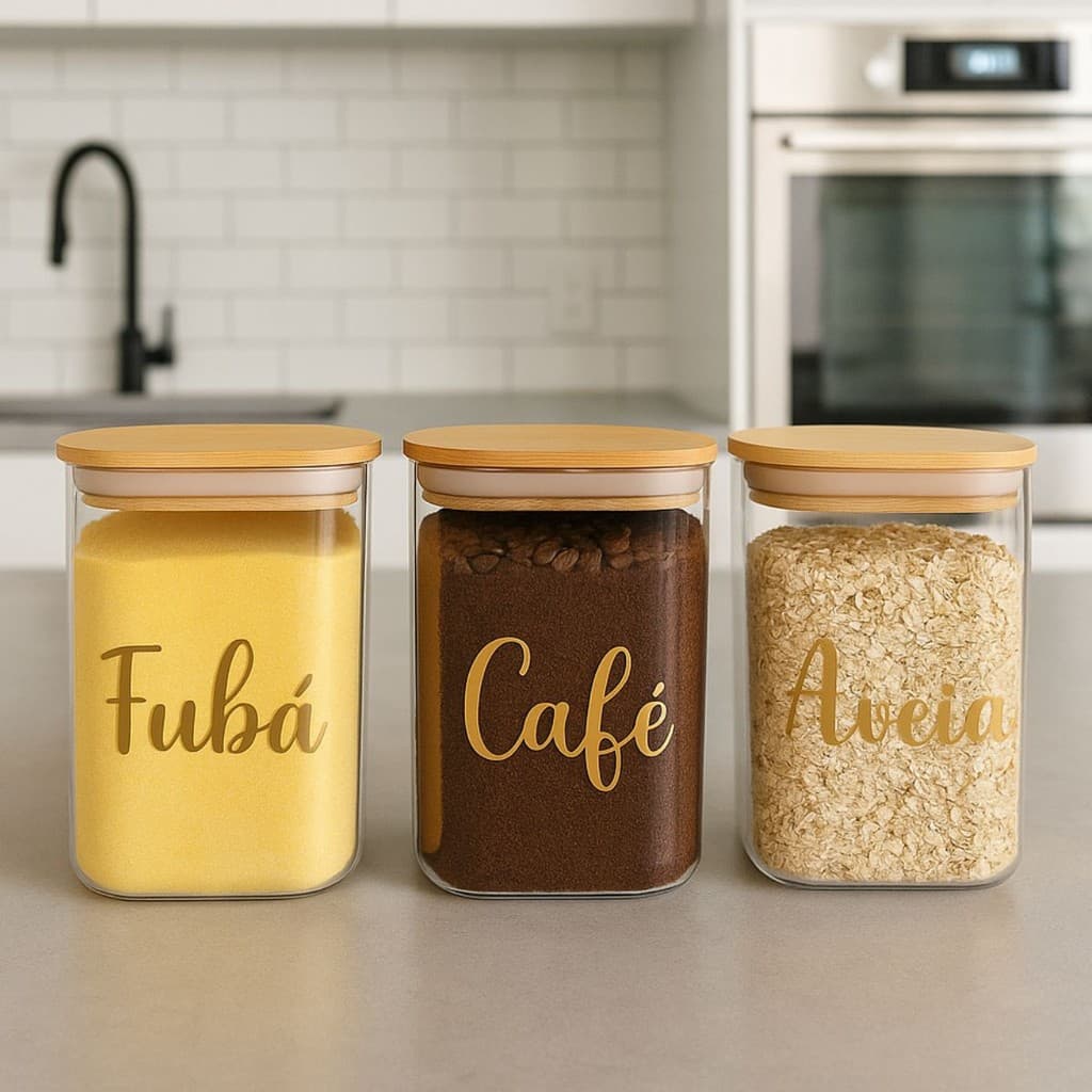 Pote Hermético 1L Tampa Bambu Com Etiqueta Organização e Charme no Seu Lar