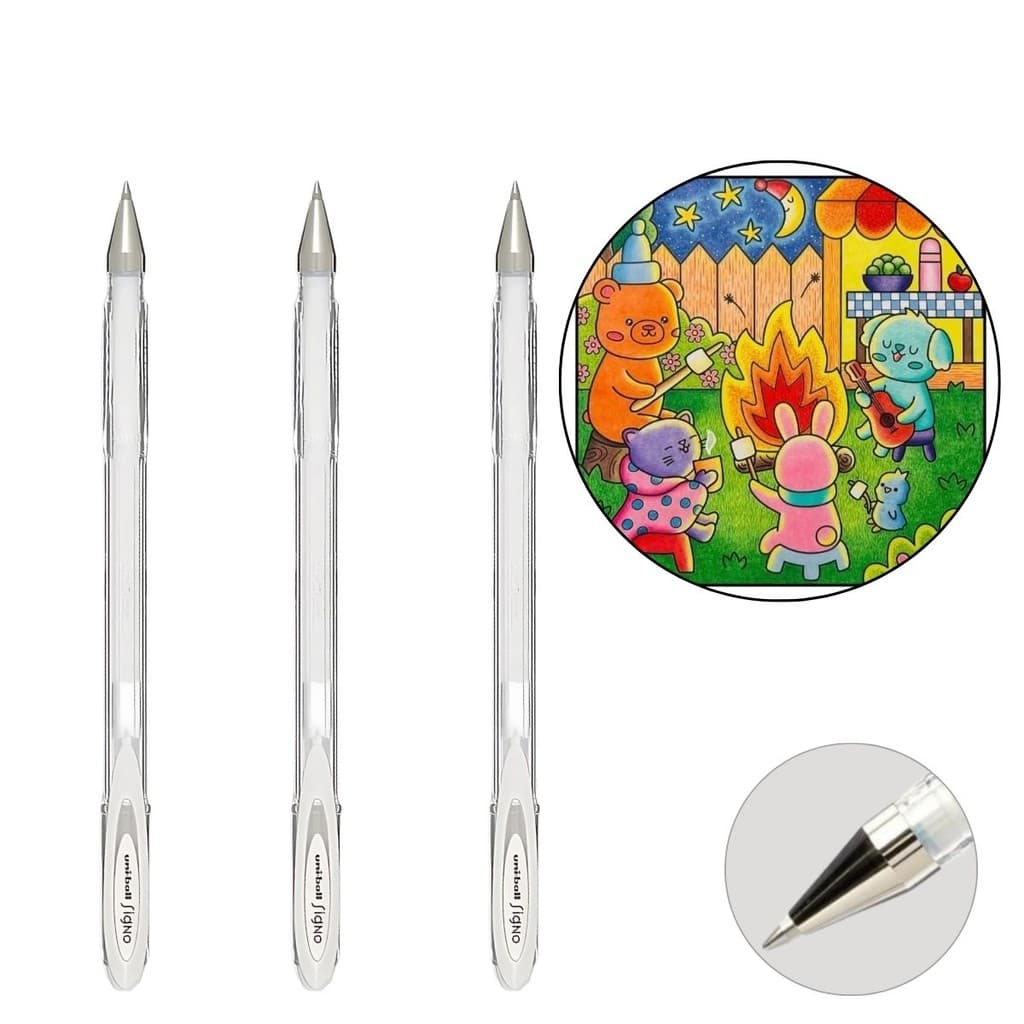 KIT 3 CANETA BRANCA GEL UNIBALL SIGNO 0.7 ANGELIC EFEITOS COLORIR CADERNOS E DESENHOS