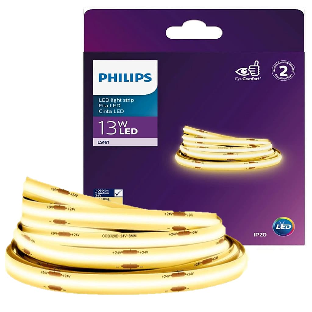 Fita Led Philips COB 5 Metros 13w 24v Luz Quente 3000k 1050lm/m