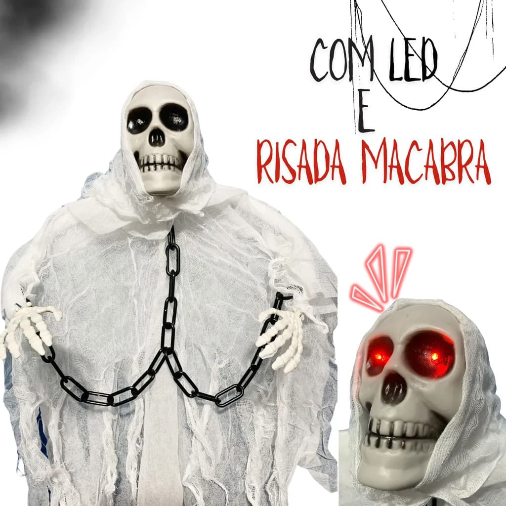 Enfeite Decorativo Assustador de Halloween Fantasma Caveira Com Som/Com Lez de Olhos