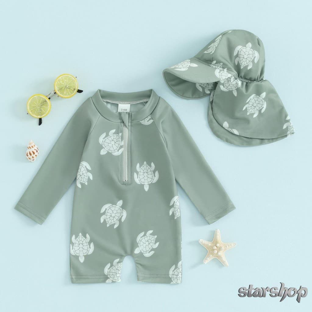 Starshop-Toddler Meninos Rash Guard Maiô Macacão De Manga Longa Tartaruga/Dinossauro Impressão Bebê Com Touca De Natação