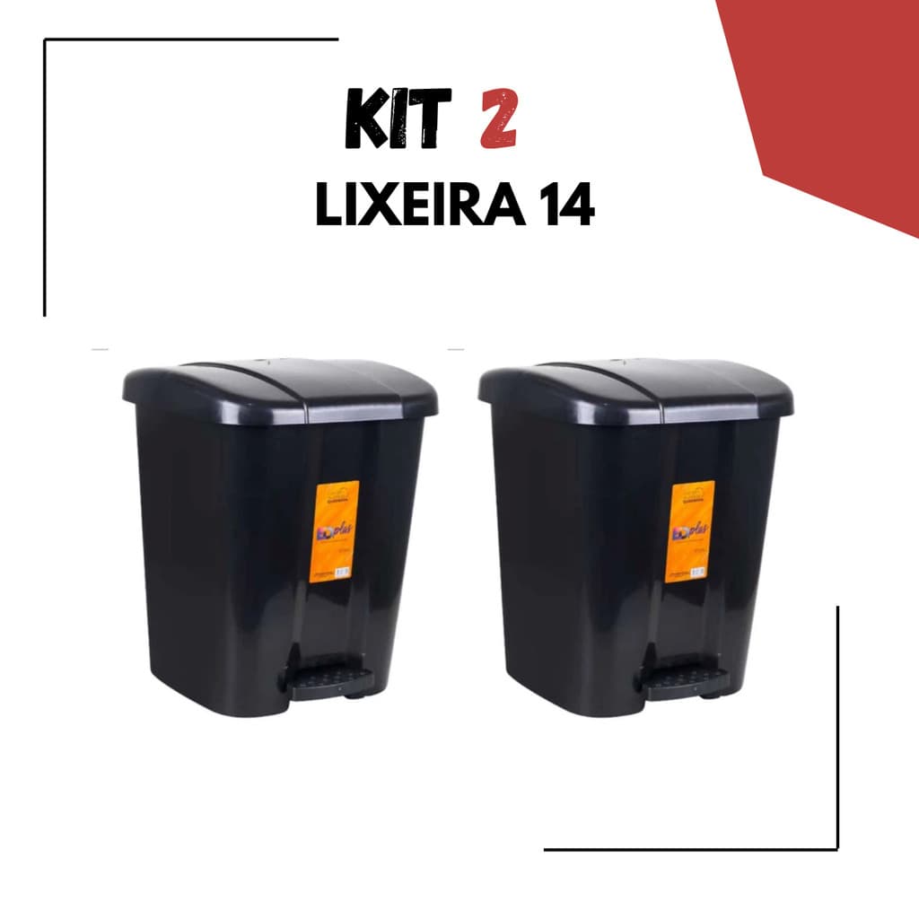 Kit com 2 Lixeiras com pedal Quadrada14 LITROS Plástico, para cozinha ou banheiro