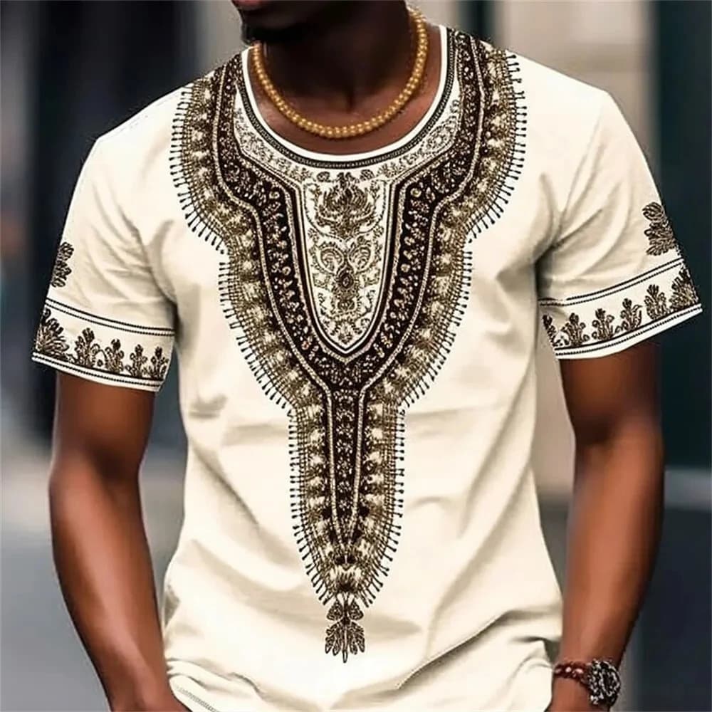 Verão Masculino Vintage Camiseta Estilo Étnico Impresso Topo Rua Moda O-Pescoço Manga Curta Lazer Férias Plus Size