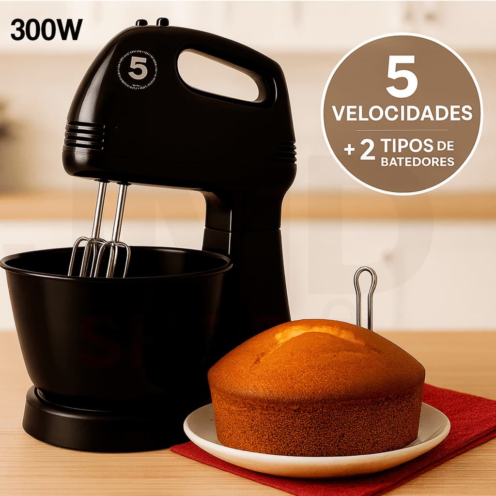 Batedeira Elétrica Planetária 300W 5 Velocidades Tigela 2,5L – Branco e Preto