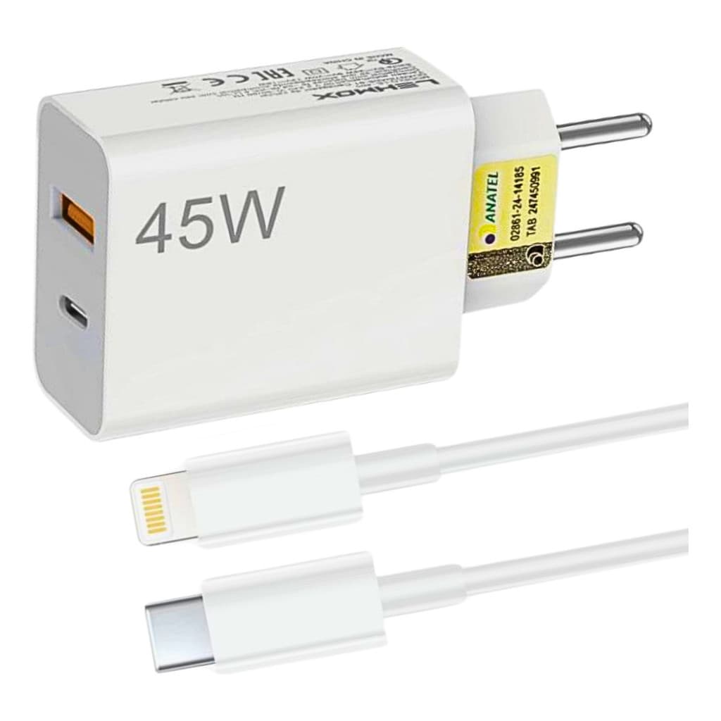 FONTE Carregador Turbo 45W PD USB-C com Cabo Tipo-C – Fonte Rápida 110v/220v