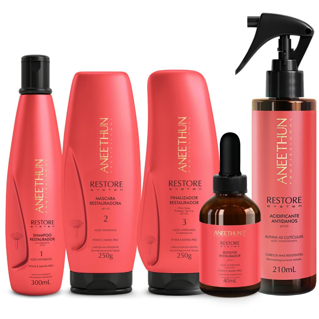 KIT RESTORE SYSTEM SHAMPOO MASCARA FINALIZADOR ACIDIFICANTE E BOOSTER 5 PRODUTOS - ANEETHUN + Lembrança da Loja