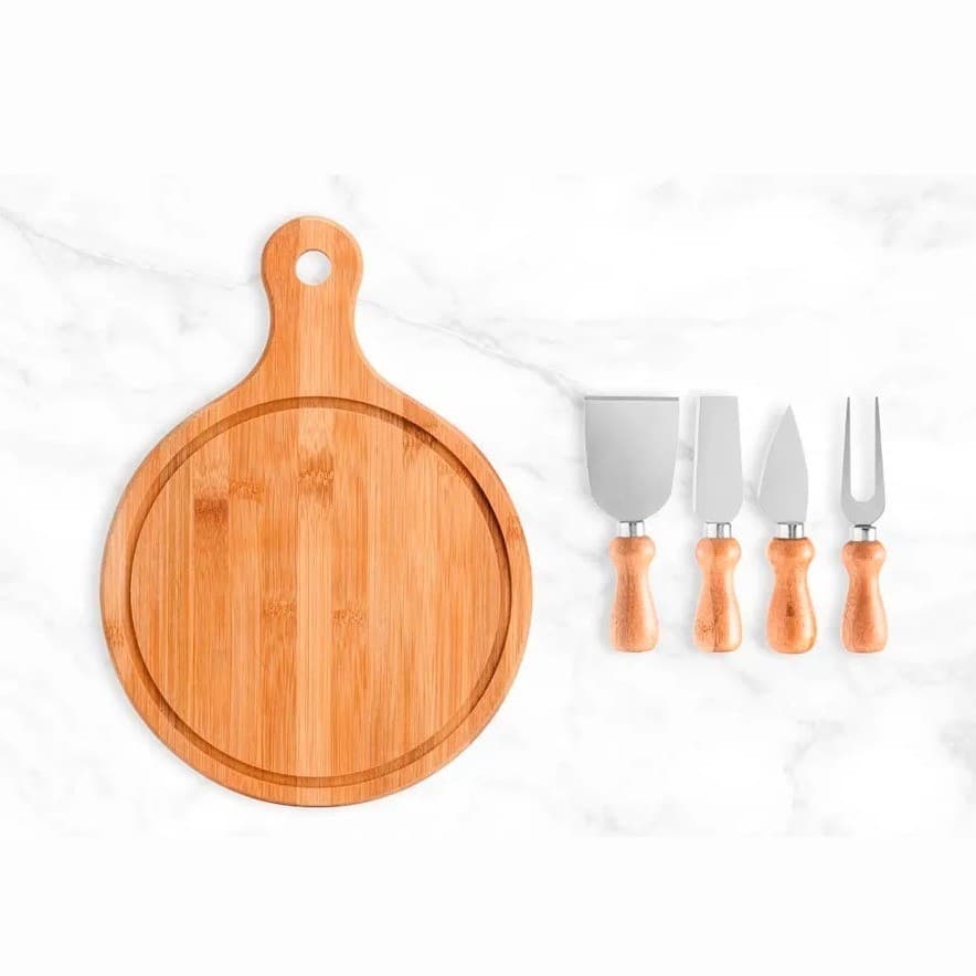 Kit Para Queijo Em Bambu E Inox Com Tábua Redonda 5 Pçs KT90100