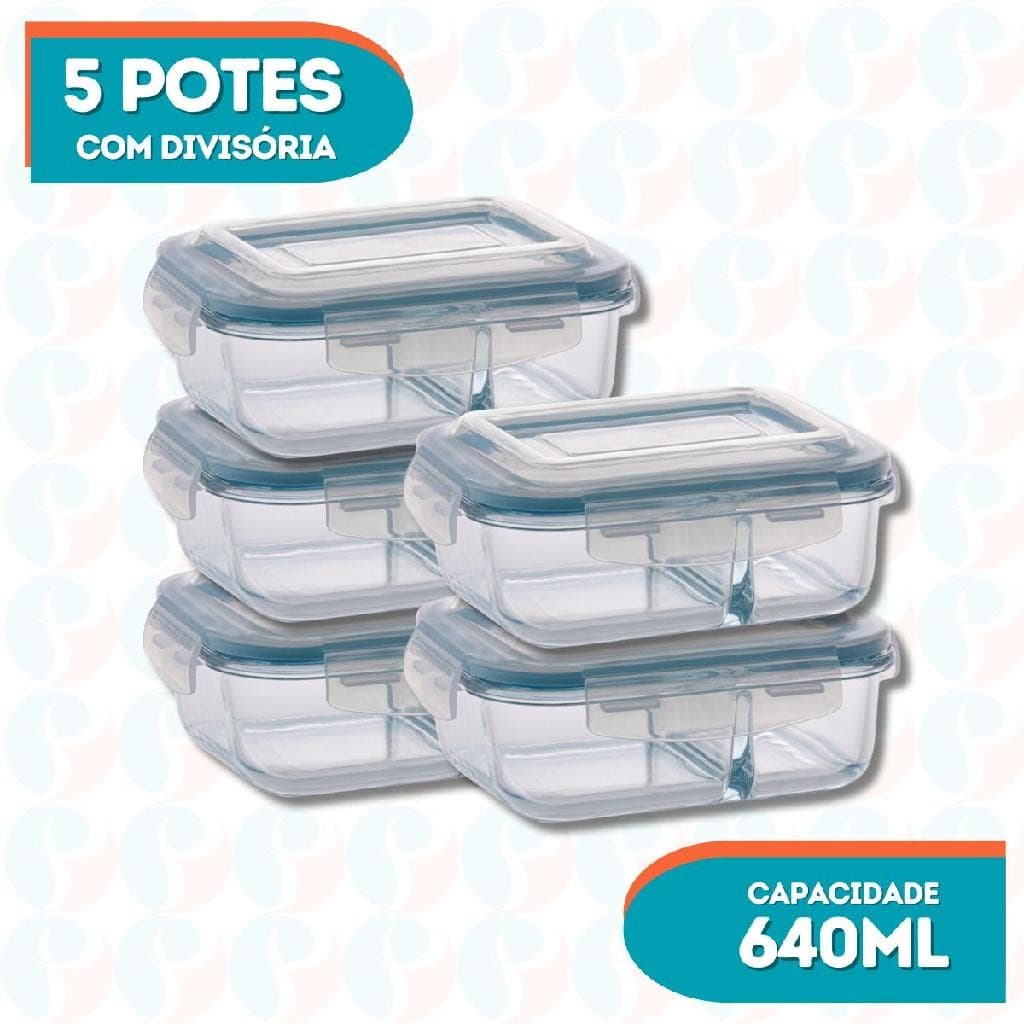 Kit 5 Pote de Vidro Hermético Com Divisoria 640ml Marmita