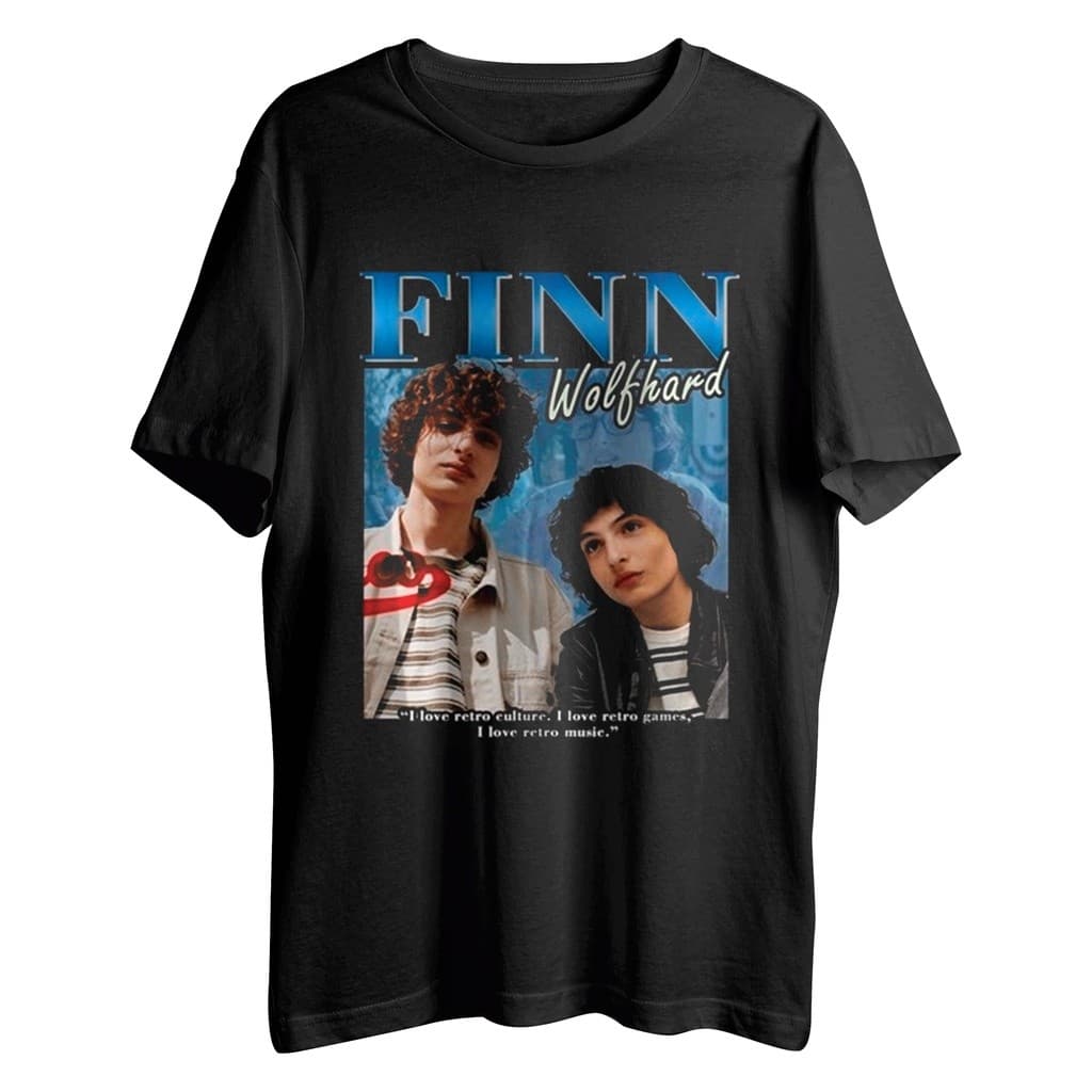 Camiseta Algodão Unissex Tshirt Finn Wolfhard Vintage Vintage 90's Finn Wolfhard Lançamento 2024 Amora Black