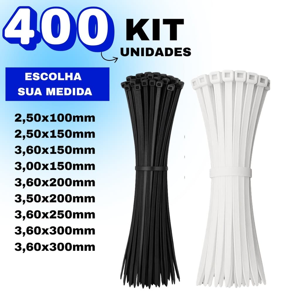 Kit 400 Cintas Plasticas Abraçadeira Nylon Enforca Gato Preto/Branco - Várias Medidas