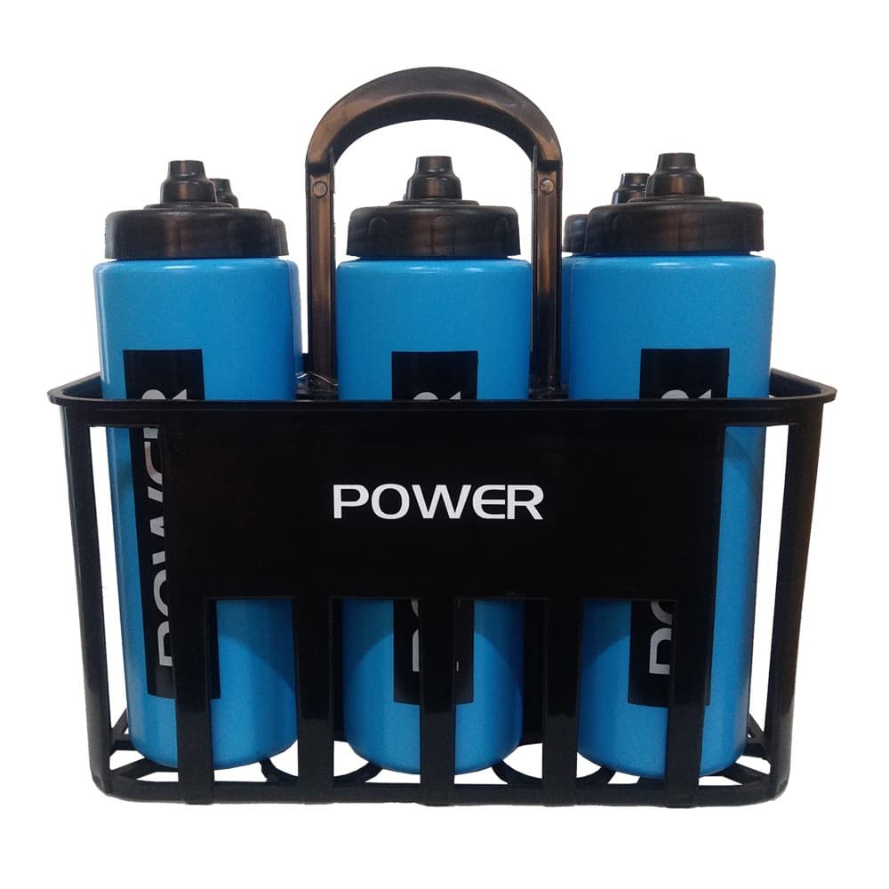 Kit c/6 Squeeze + Cesta Porta Garrafas Power Preta Bico Automático