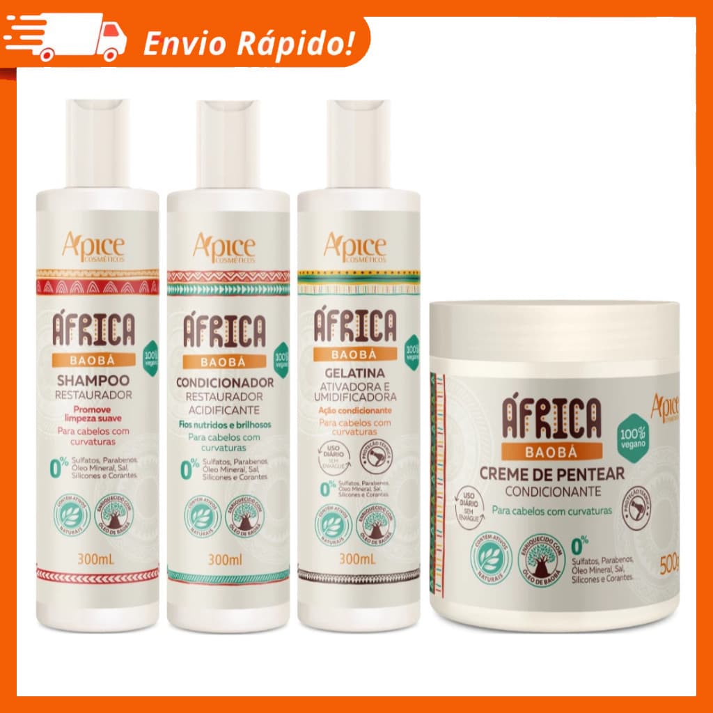 Kit Apse África Baobá Shampoo + Condicionador + Gelatina + Creme De Pentear Completo Profissional