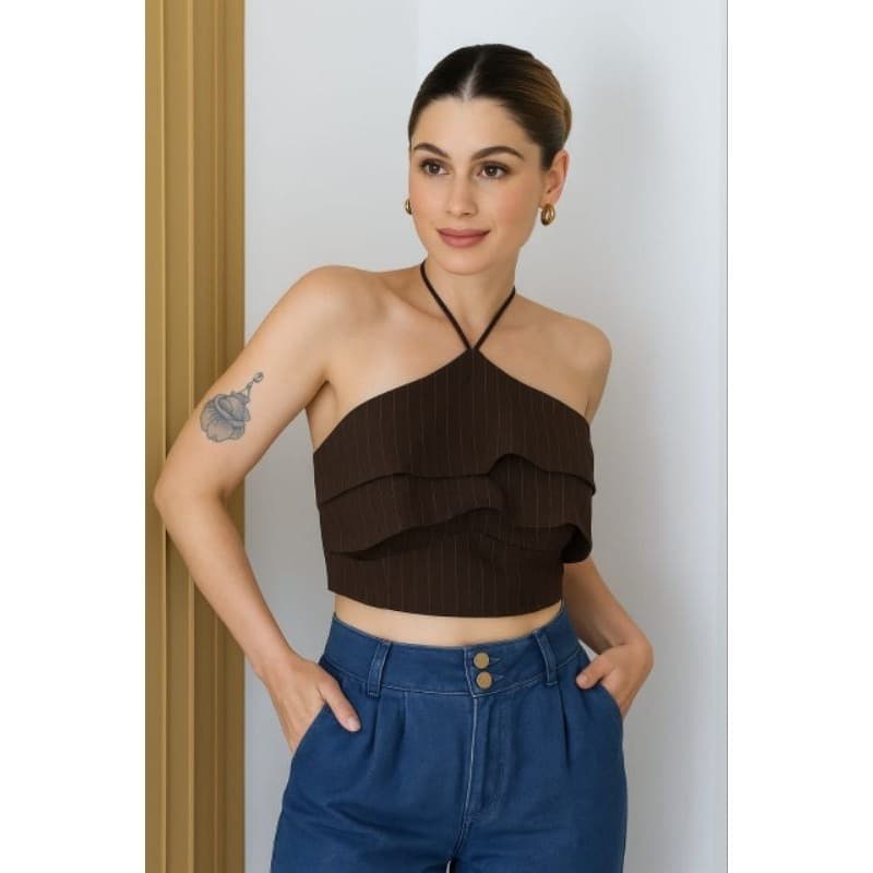 Cropped frente única tecido duna com babado croped cropeed top blusa blusinha verão moda feminina