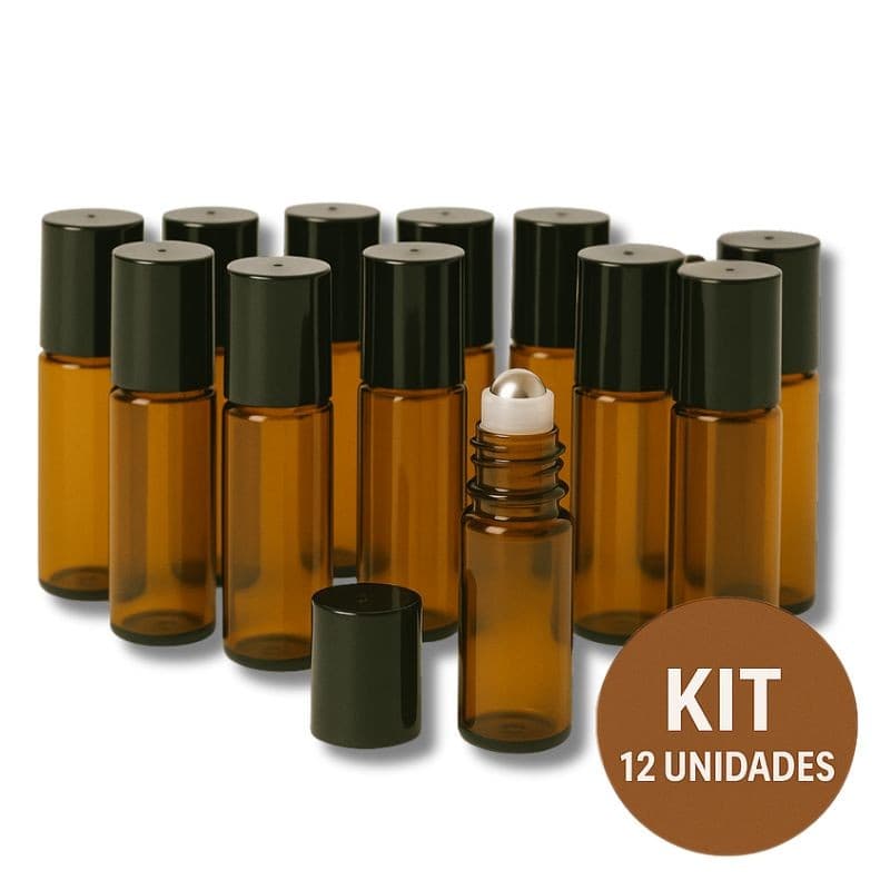 Kit 12 Frascos De Vidro Garrafinha Ambar Roll-on 5ml Com Tampa e Esfera em Inox