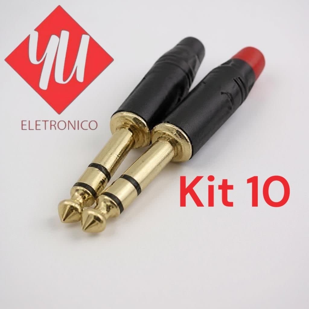Kit 10 Conector P10 Estéreo TRS Banhado a Ouro – 10 Unidades Profissional