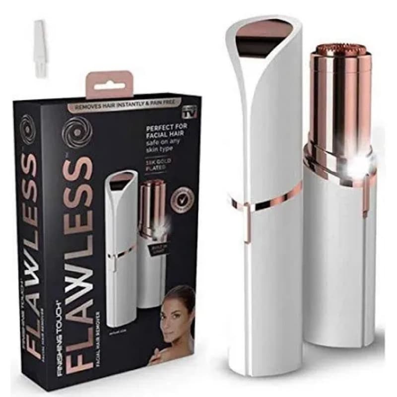 Um depilador facial portátil, indolor, em formato de batom, remove pelos do rosto facilmente e é recarregável via USB.