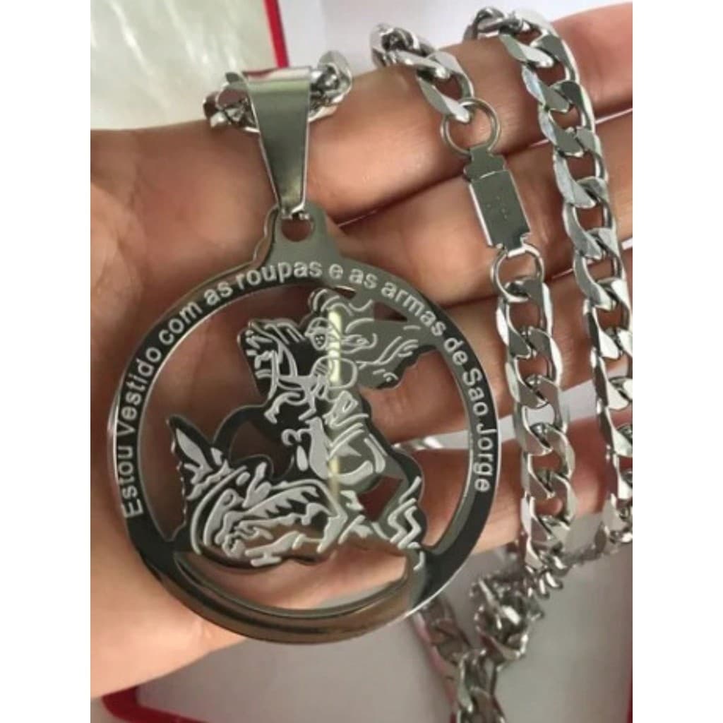 Pingente e Corrente  De São Jorge E Corrente Grossa E Comprida 70 cm 8 mm Aço Inox Barato Presente