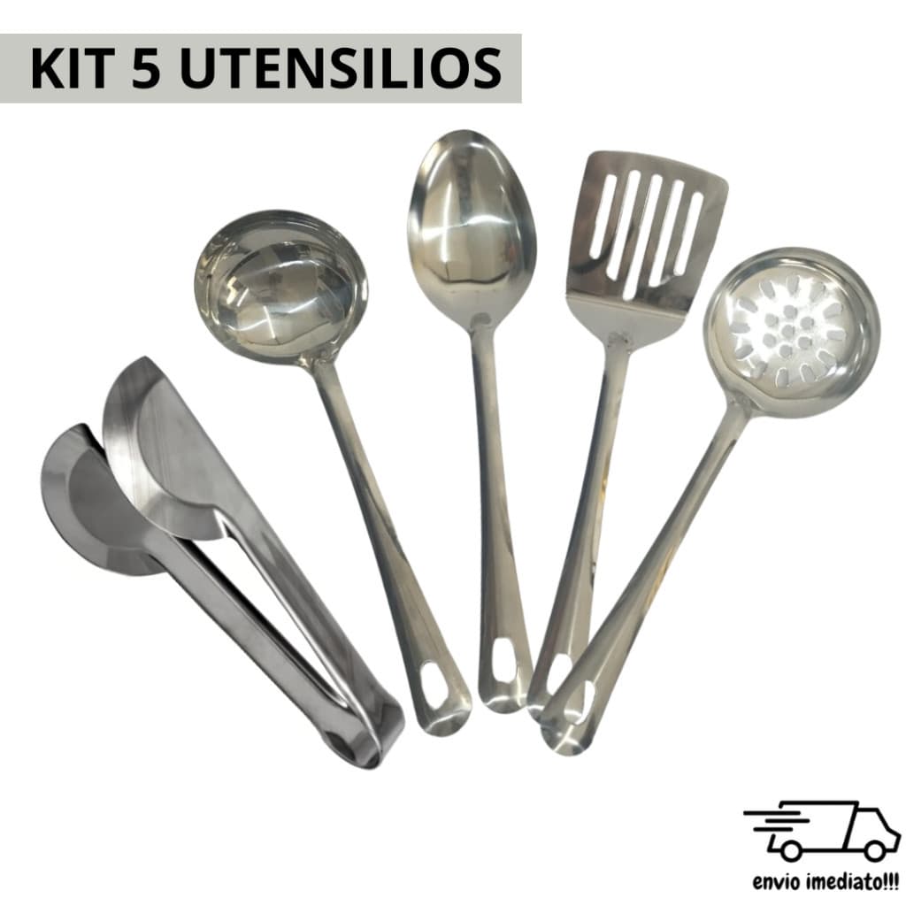 Kit 5 Peças Utilidades INOX para Cozinha Espatula Escumadeira Colher de Arroz Concha e Pegador Casa