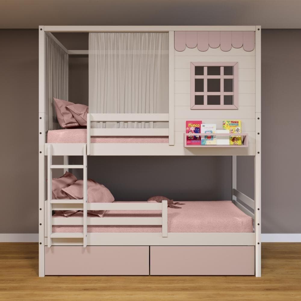 Beliche Casinha Reta 02 Gavetas Rosa Grade Removível E Cortina Madeira Maciça Branco/ Rosa Housin