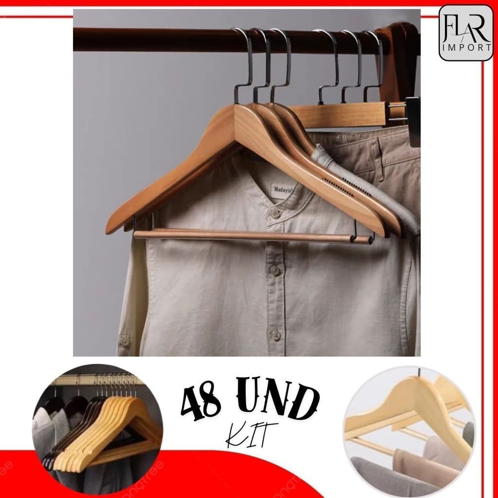 Kit 48 Cabide Madeira Marfim Verniz Closet Armário Paletó Blazer Roupa Saia Bambu Infantil Vestido Calça Terno cabides para loja cabides atacado cabide de madeira atacado