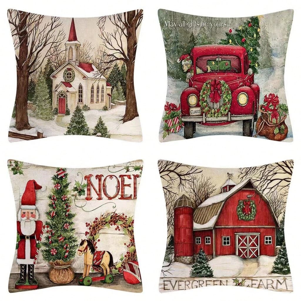 kit 4 Peças Capa Para Almofada Estampada Natal Aveludado Decorativo