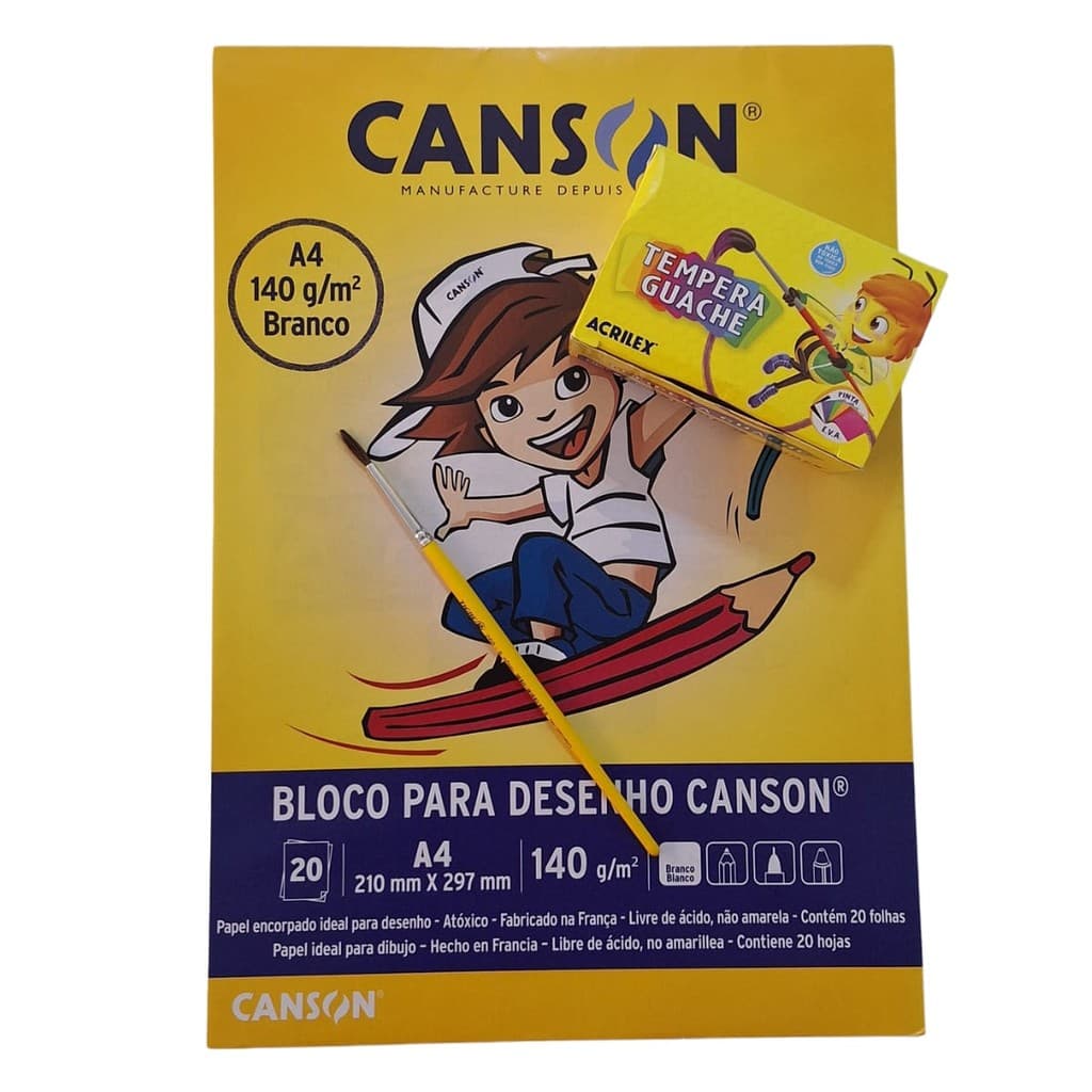 KIT BLOCO DESENHO CANSON + TINTA GUACHE+ PINCEL PINTURA ARTE