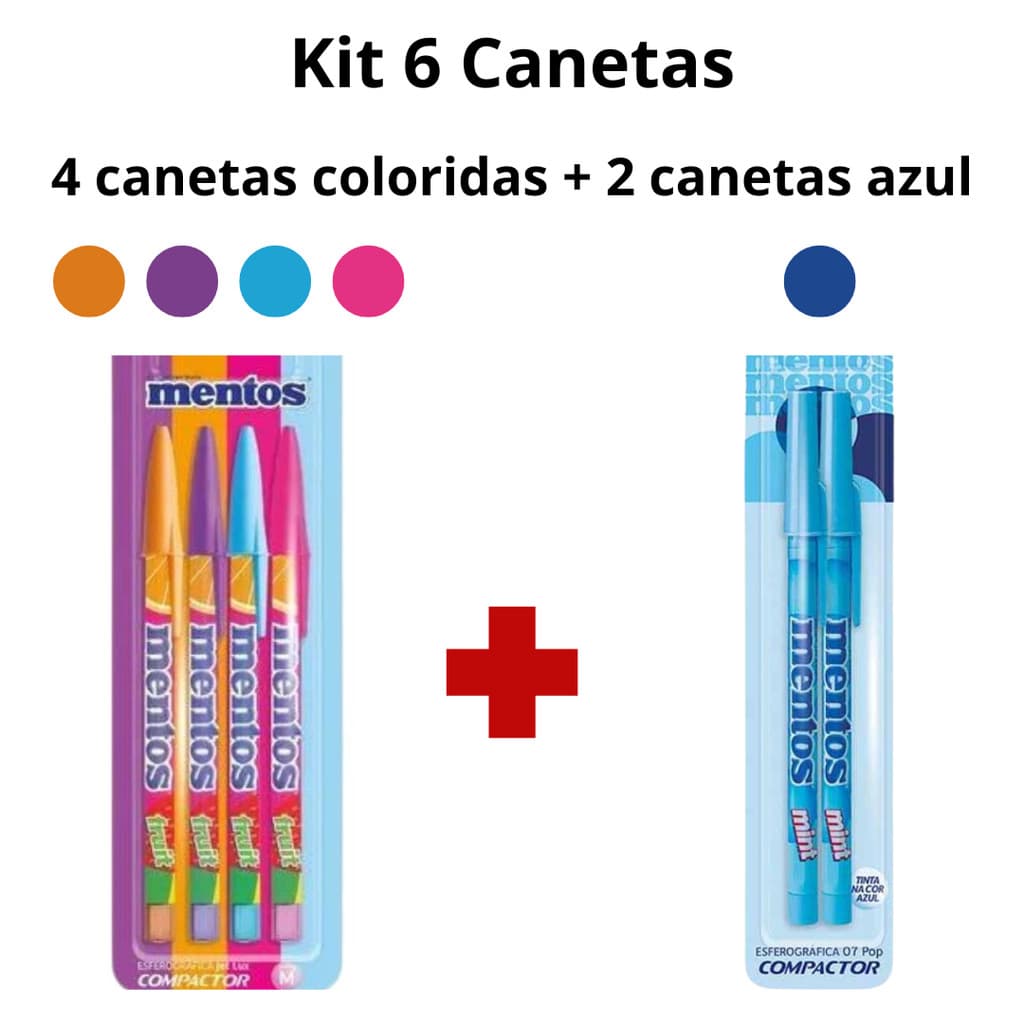 Kit 6 Caneta Mentos Esferográfica Coloridas E Azul Com Cheiro