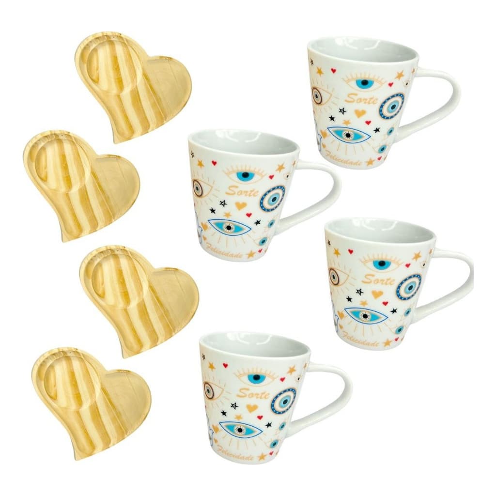 Kit 4 Xicaras Olho Grego Porcelana  Pires De Madeira Pinus