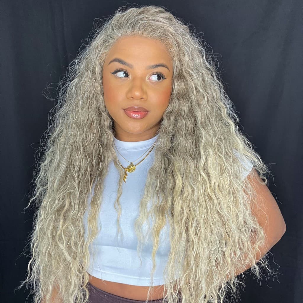 Top Hair Peruca Cacheada Loiro Platinado Lace Front Natural Estilo penteado para trás Fibra Bio Humana 80cm 300g