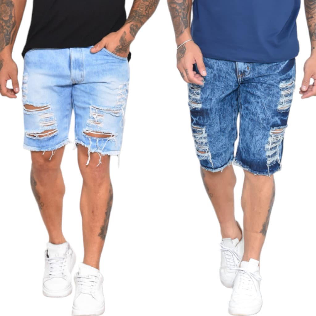 COMBO 2 Bermudas Estilo Jogador PREPARA VERÃO Jeans Rasgadas Com Botâo Em Promoção