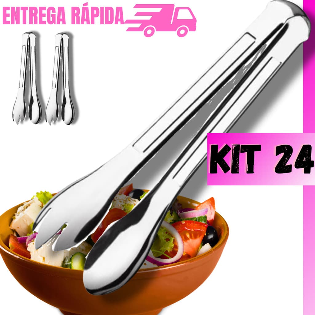 Kit Jogo 24 Pegadores Pinça Para Salada Conjunto Completo Em Aço Inox Massas Macarrão Multiuso