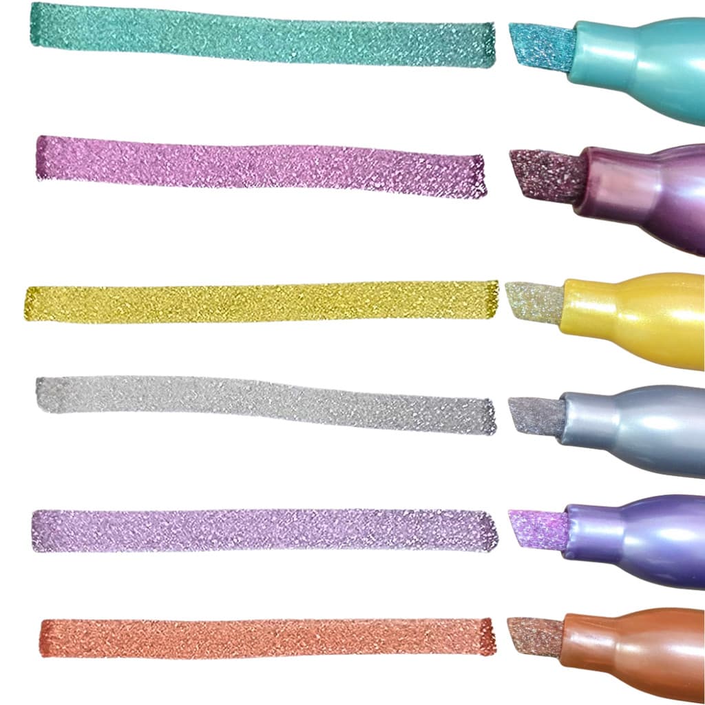 Kit 6 Marca Texto Glitter Brilhante Metálico Escolar Colorido Caneta Marcador Escolar