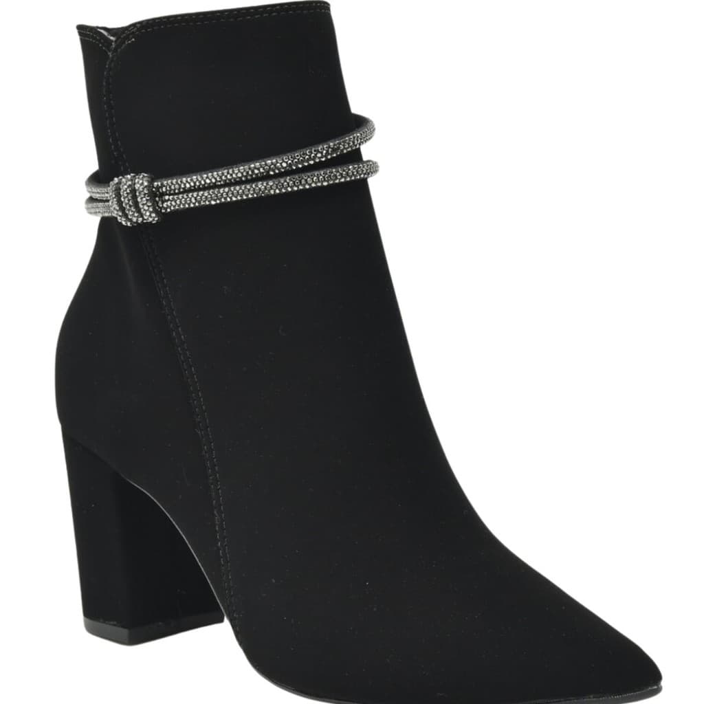 Bota Salto Bloco Bico Fino Nobuck Strass Tendência Moda 032-005 Via Marte