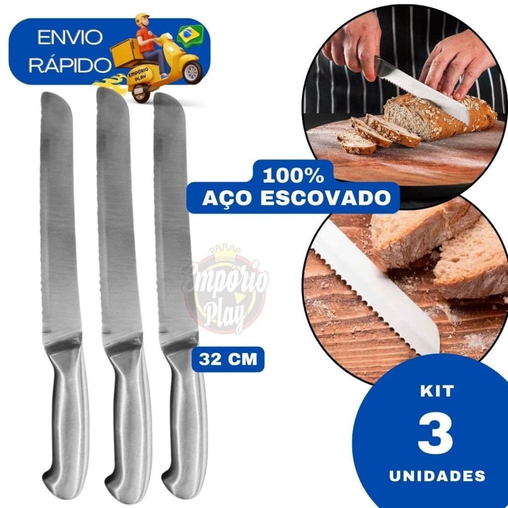 Kit 3 Faca profissional de Pão Bolo Torta Cucas Serra Serrilha Cabo Aço Inox Escovado Cozinha 8"