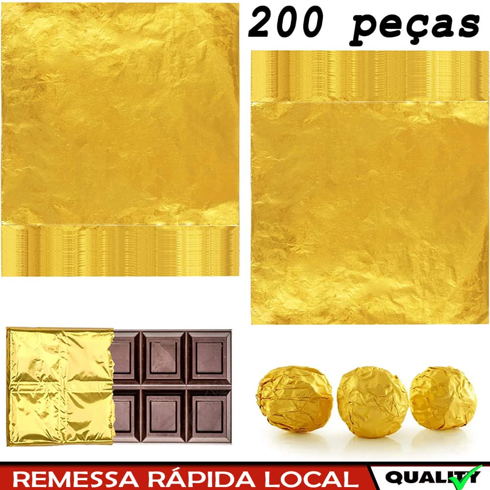Embalagem de 200 peças de embalagens de barra de chocolate 20 x 20 cm, papel de embrulho de folha de alumínio dourado