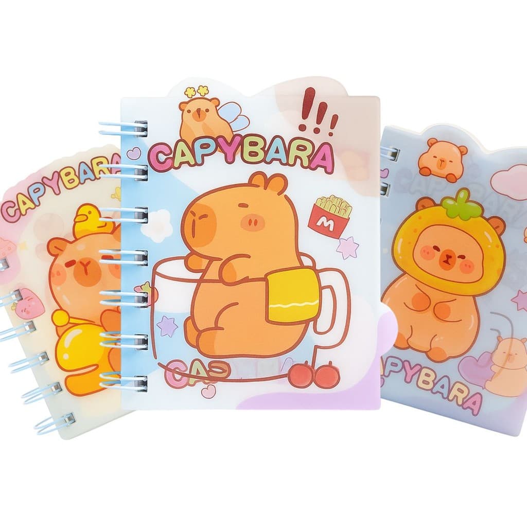 Kit Escolar com 3 Mini Cadernos Espiral Tema Capivara com Capa Lenticular 3D Super Fofos