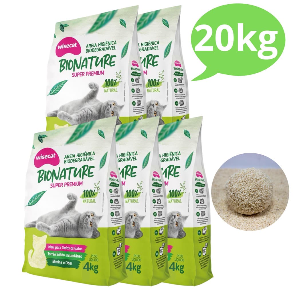 Kit 5 Areia Sanitária de Mandioca Wisecat para Gatos Granulado Bionature Natural Biodegradável 4kg
